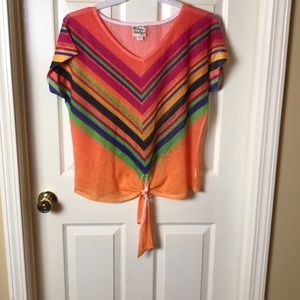 Pretty Rebellious Orange Multi Stripes Burnout Tie Front Top Medium